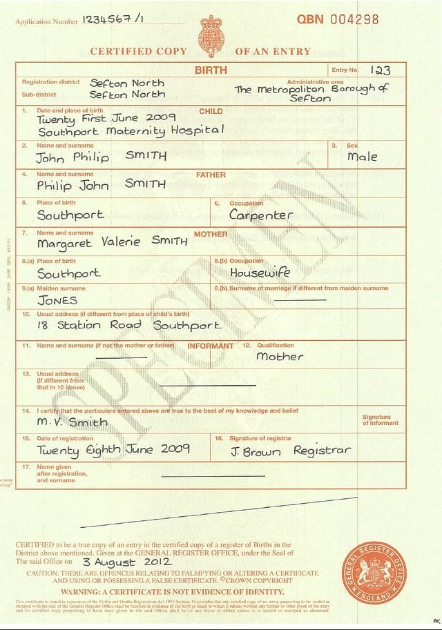 Specimen England and Wales Long Birth Certificate