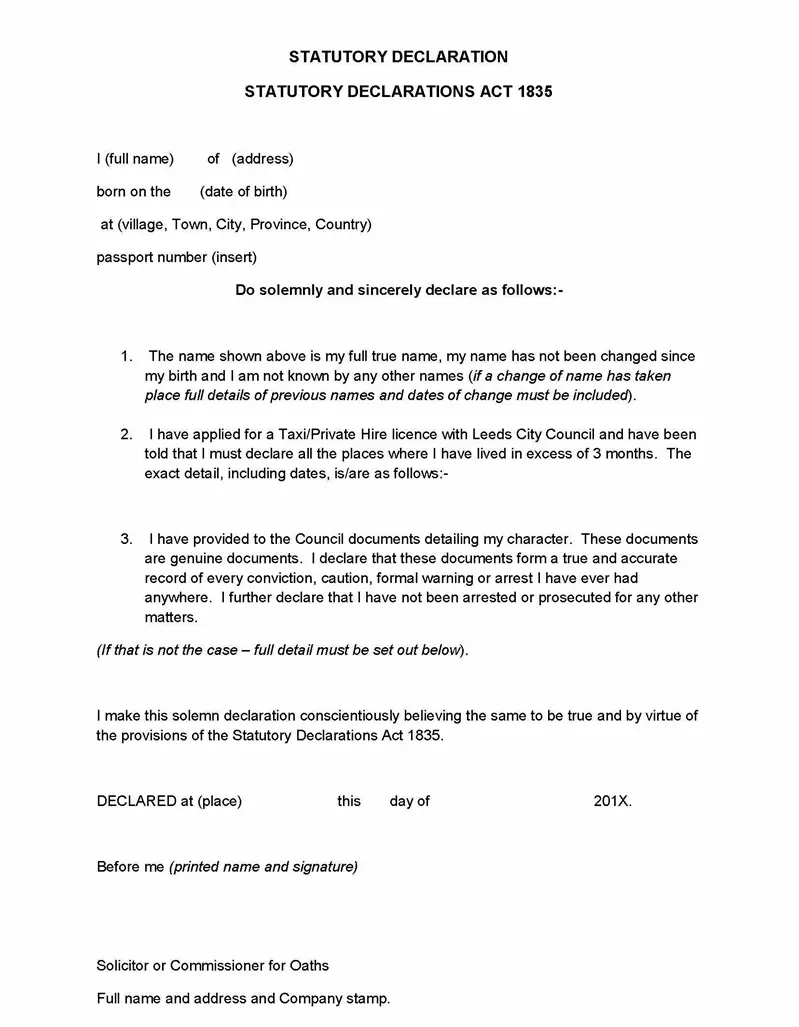 Statutory Declaration Format Statutory Declaration Format
