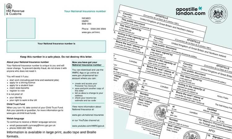 Mock-Up of UK National Insurance Number letter with UK Apostille