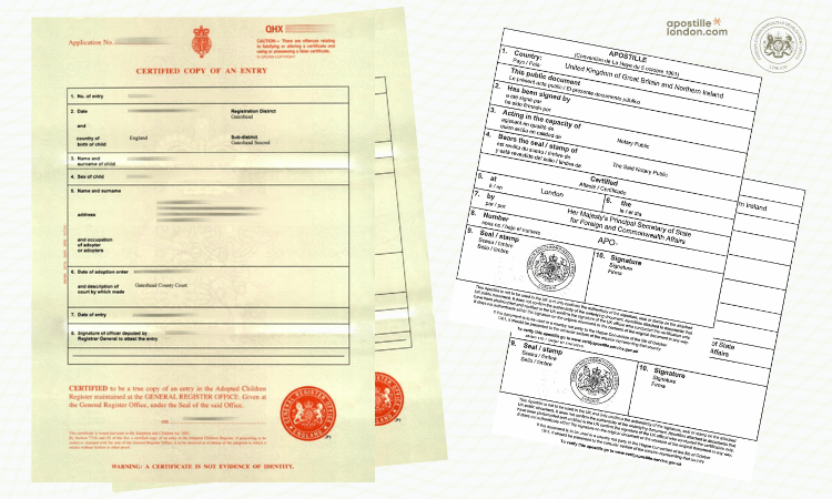 Mock-Up of UK adoption certificate with apostille certificates