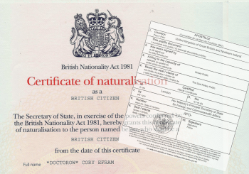Image of UK Certificate of Naturalisation with apostille